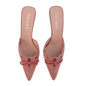 Vintage Prada Pink Eyelet Bow Kitten Mules